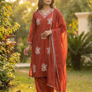 PODIYO - Women's Rust Orange Floral Embroidered 3-Piece Kurta Set with Dupatta