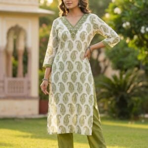 PODIYO - Serene Olive Paisley Print Kurta Set with Embroidered V-Neck Details