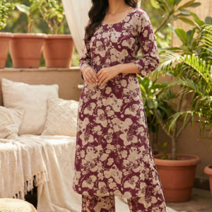 PODIYO - Women's Maroon & Cream Floral Print Kurta with Palazzo Set