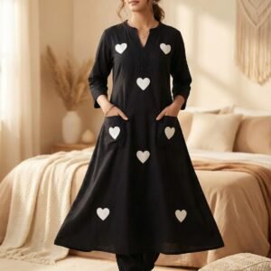 PODIYO - Women's Black A-Line Kurta Set with Heart Pattern & Pocket Details