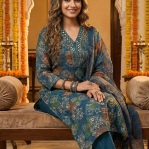 PODIYO - Women's Teal Blue Art Silk Suit Set with Mirror Work Embroidery & Geometric Print