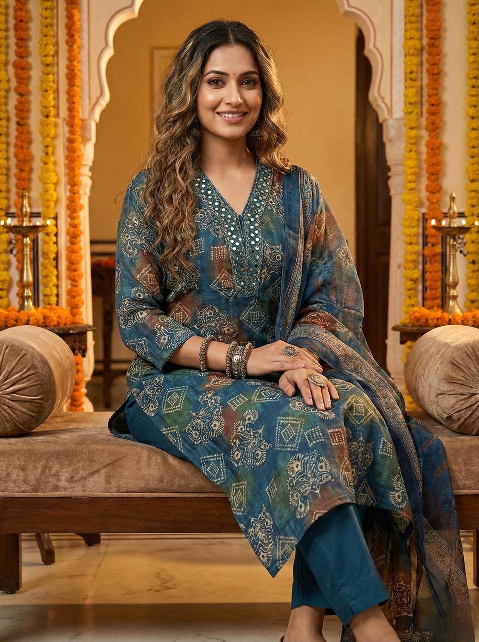 PODIYO - Women's Teal Blue Art Silk Suit Set with Mirror Work Embroidery & Geometric Print