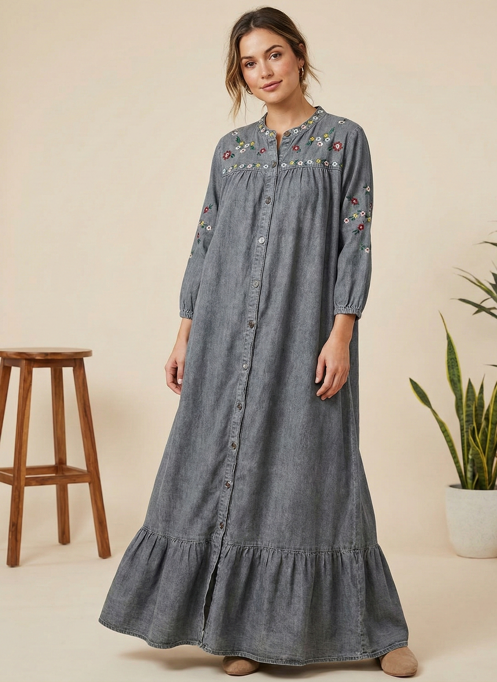 PODIYO -The "Boho Breeze" Floral Embroidered Denim Maxi Gow