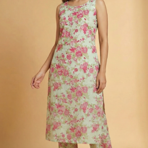 PODIYO - Mint Green & Pink Floral Print Sleeveless Kurta Set
