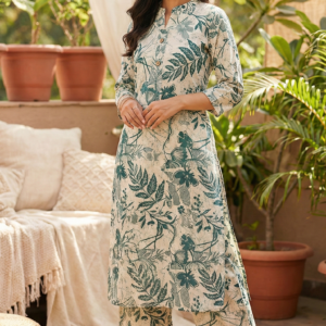 PODIYO - Women's Blue & Offwhite Floral Print Kurta with Palazzo Set