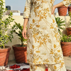 PODIYO - Women's Brown & Cream Floral Print Kurta with Palazzo Set